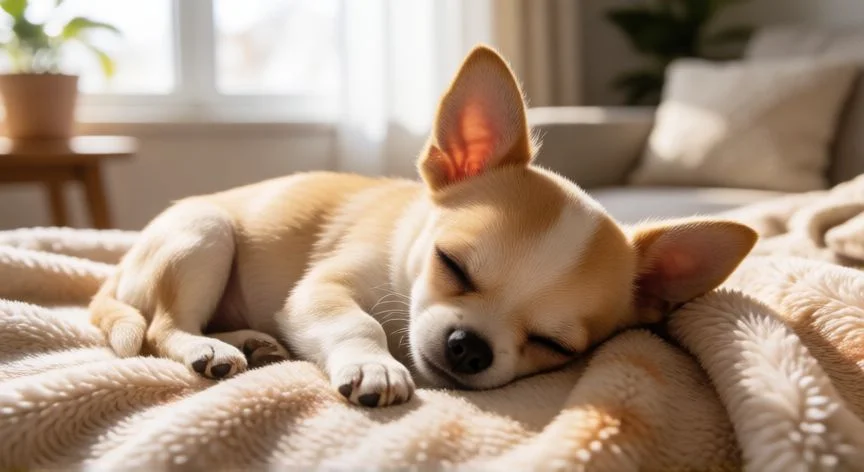 Cachorro chihuahua durmiendo en una manta suave y cálida