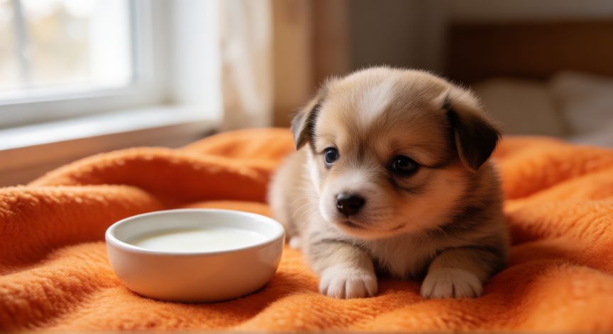cuidados cachorro de 1 mes, Cachorro de un mes durmiendo sobre una manta suave con cuenco de leche