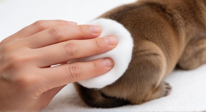 cuidados cachorro de 1 mes, Mano humana limpiando suavemente a un cachorro con algodón húmedo
