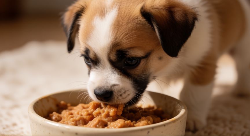 cuidados cachorro de 2 meses, Cachorro de dos meses comiendo en su cuenco