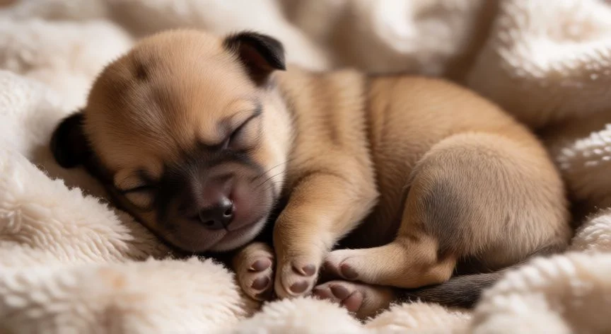Cachorro de un mes durmiendo en una manta suave