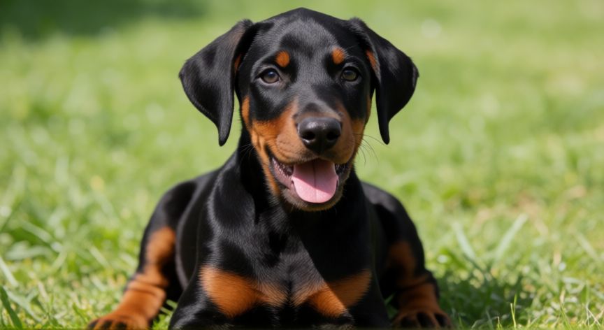 cuidados cachorro doberman, Cachorro Doberman en el jardín al sol