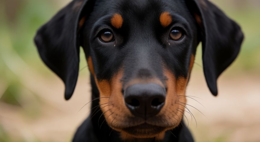 cuidados cachorro doberman, Primer plano del rostro de un cachorro Doberman