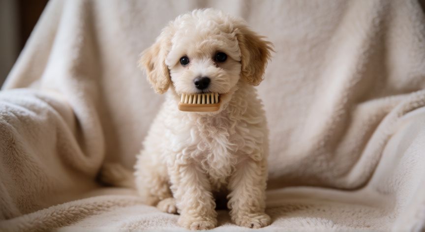 cuidados cachorro french poodle 2 meses, Cachorro de French Poodle de dos meses siendo cepillado con suavidad