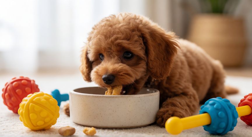 cuidados cachorro french poodle 2 meses, French Poodle cachorro comiendo de su plato rodeado de juguetes de entrenamiento