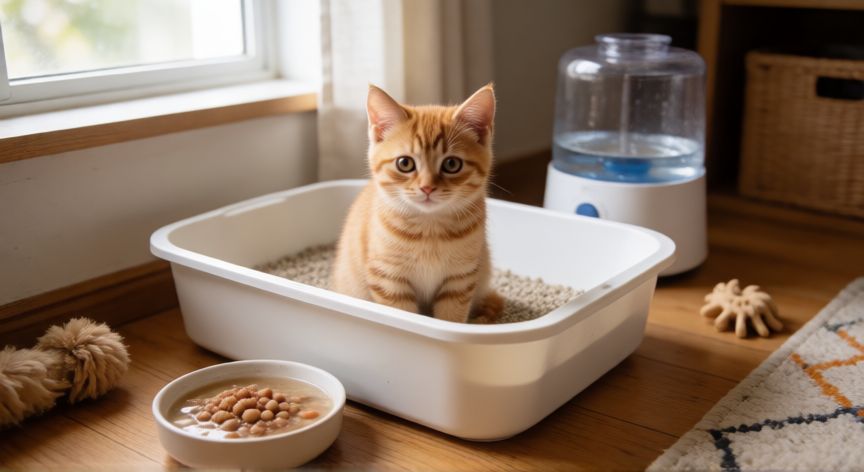 cuidados cachorro gato, Cachorro de gato naranja en su arenero con comida cerca