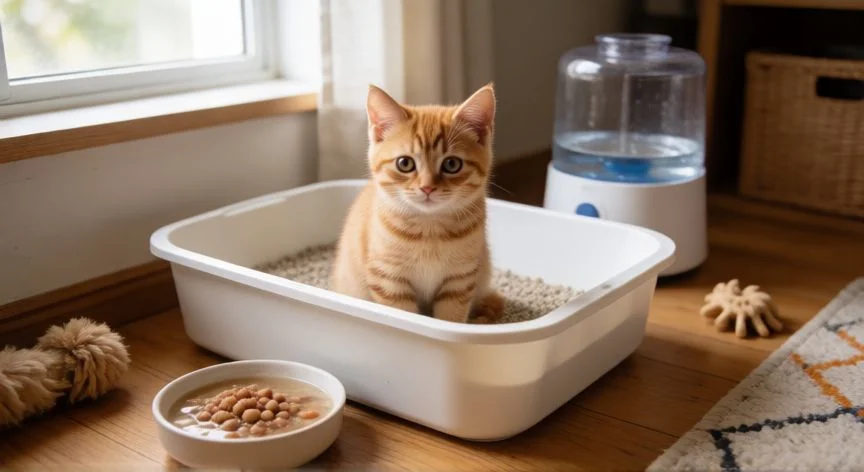 Cachorro de gato naranja en su arenero con comida cerca