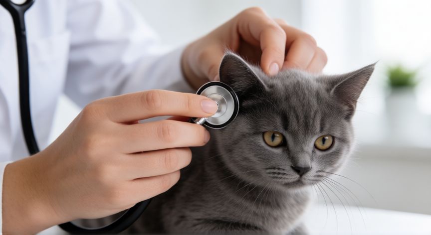 cuidados cachorro gato, Veterinario revisando la oreja de un gatito gris en clínica