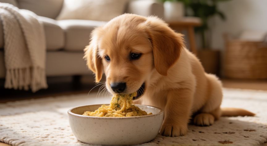 cuidados cachorro golden retriever, Cachorro de Golden Retriever comiendo su alimento