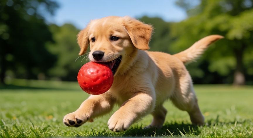cuidados cachorro golden retriever, Cachorro de Golden Retriever jugando en el parque