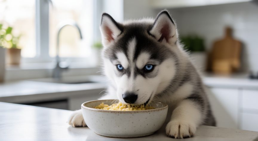cuidados cachorro husky, Cachorro Husky Siberiano comiendo en su cuenco