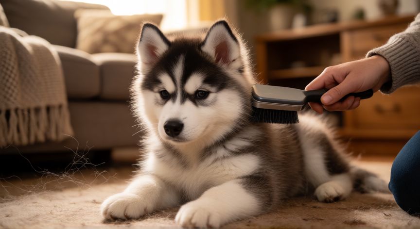 cuidados cachorro husky, Cachorro Husky siendo cepillado en casa
