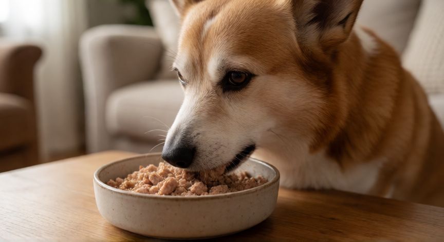 cuidados cachorro idoso, Perro senior comiendo alimento húmedo en un comedero
