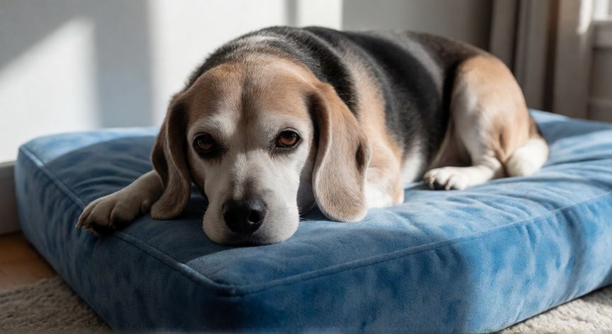 cuidados cachorro idoso, Perro idoso descansando en una cama ortopédica de memoria