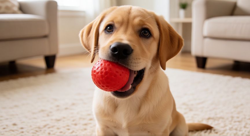 cuidados cachorro labrador, Cachorro de Labrador dorado con una pelota roja en la boca