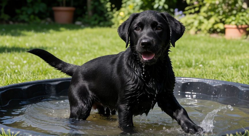 cuidados cachorro labrador, Cachorro de Labrador negro jugando en una piscina de agua en el jardín