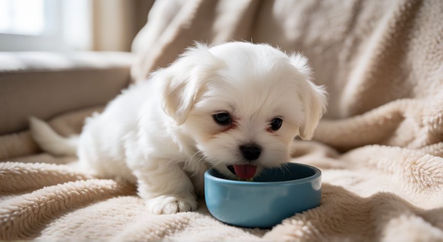 cuidados cachorro maltés 2 meses, Cachorro maltés de dos meses comiendo de un cuenco azul en su casa