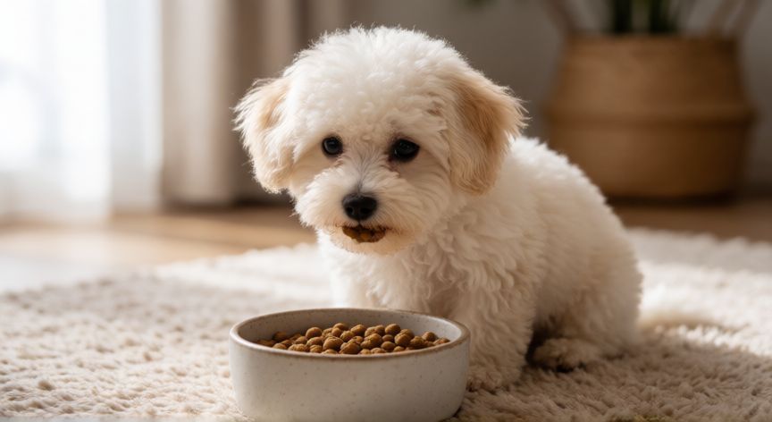 cuidados cachorro maltipoo, Cachorro Maltipoo comiendo pienso en casa