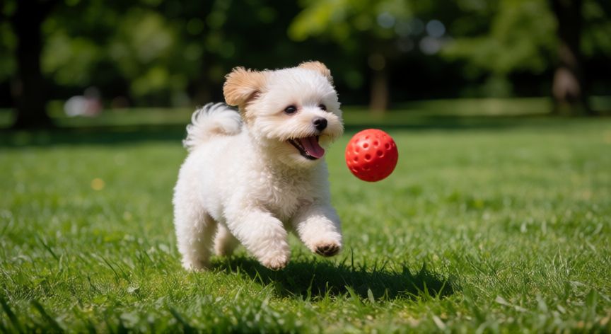 cuidados cachorro maltipoo, Cachorro Maltipoo jugando en el parque con una pelota