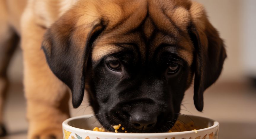 cuidados cachorro mastin español, Cachorro de Mastín Español comiendo su alimento