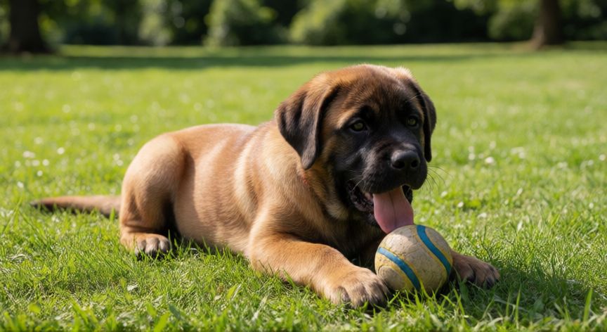 cuidados cachorro mastin español, Joven Mastín Español jugando en el parque