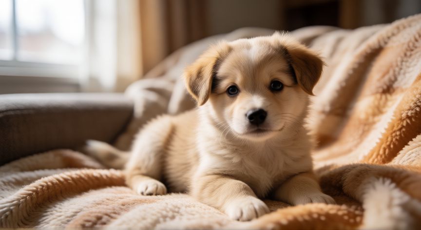 cuidados cachorro mes y medio, Cachorro de seis semanas descansando en una manta cómoda