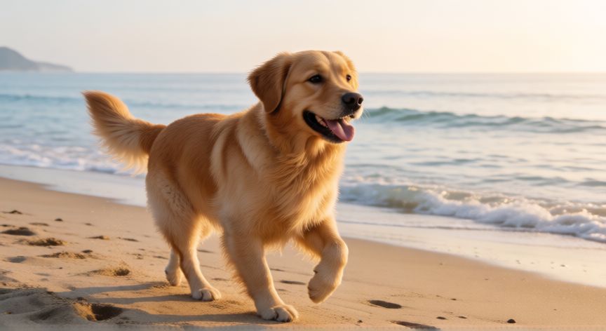 cuidados cachorro na praia, Cachorro feliz correndo na areia da praia ao amanhecer