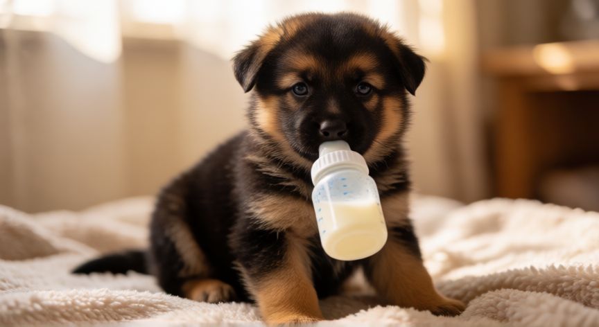cuidados cachorro pastor alemán 1 mes, Cachorro pastor alemán de un mes tomando biberón de leche maternizada