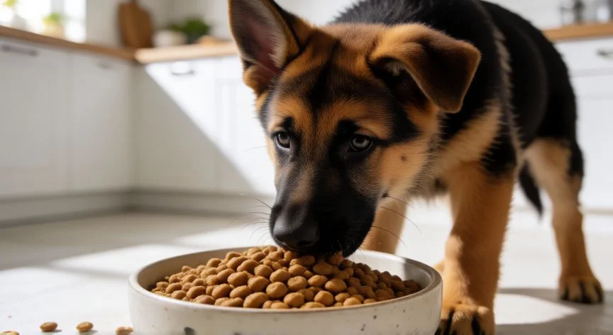 Cachorro Pastor Alemán comiendo pienso de alta calidad