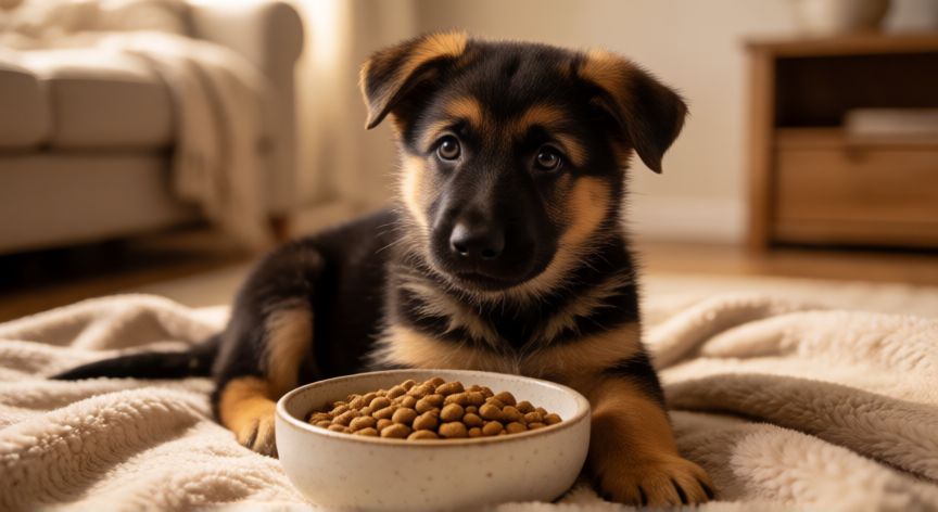 cuidados cachorro pastor aleman 2 meses, Cachorro de Pastor Alemán comiendo su alimento en el salón