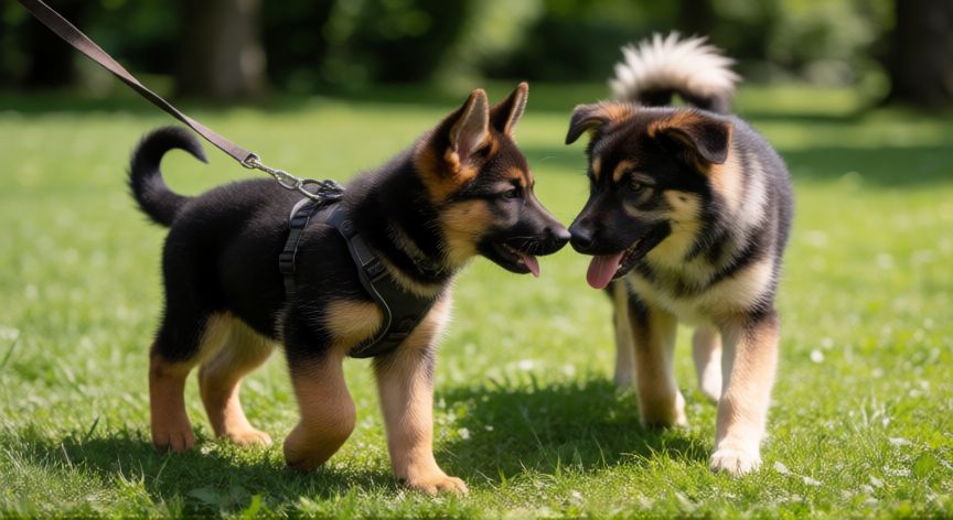 cuidados cachorro pastor aleman 2 meses, Cachorro de Pastor Alemán socializando con otros perros en el parque