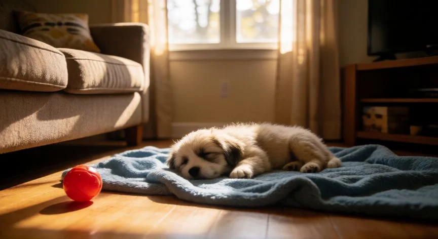 Cachorro durmiendo tranquilamente en su cama en el salón