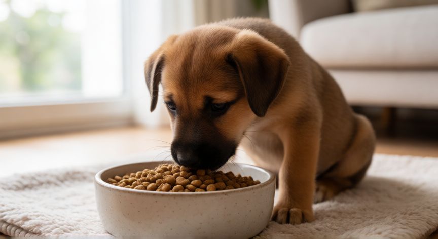 cuidados cachorro perro 2 meses, Cachorro de dos meses comiendo pienso en su cuenco