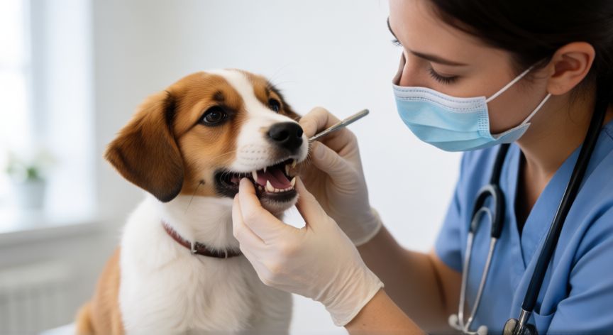 cuidados cachorro perro 2 meses, Veterinario examinando la boca de un cachorro en la clínica