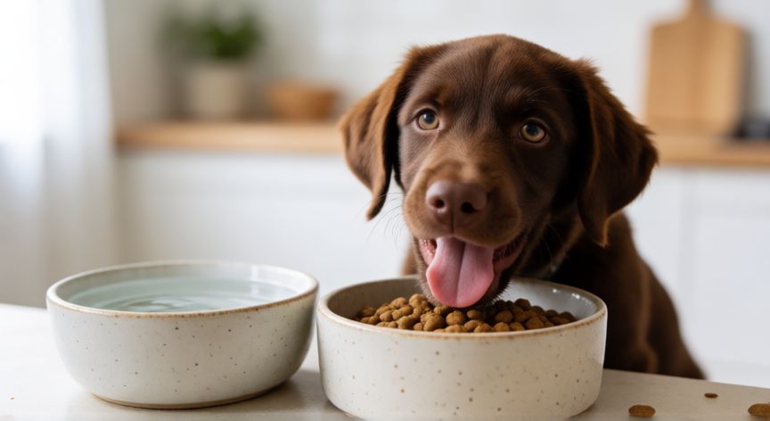 cuidados cachorro perro, Cachorro comiendo su alimento de cachorro en un cuenco limpio