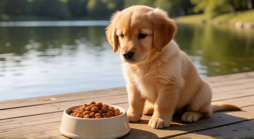 cuidados cachorro perro de agua, Cachorro de perro de agua comiendo cerca del lago