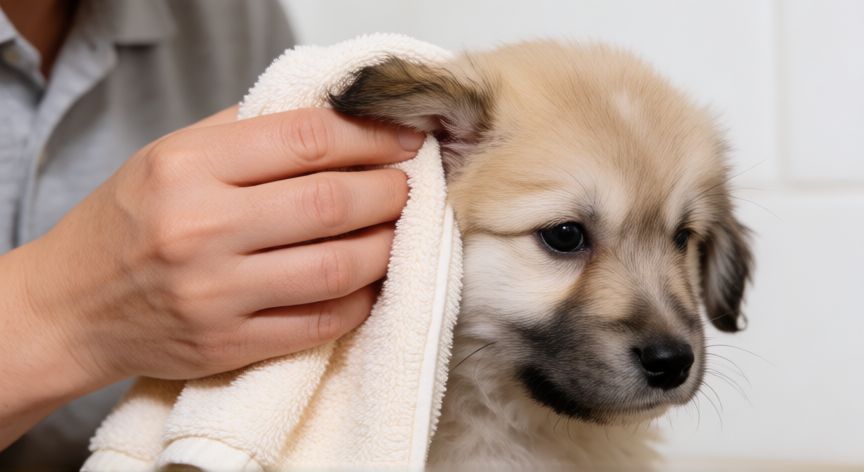 cuidados cachorro perro de agua, Persona secando las orejas de un cachorro de perro de agua