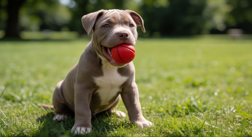 cuidados cachorro pitbull, Cachorro de pitbull jugando con una pelota en un parque soleado