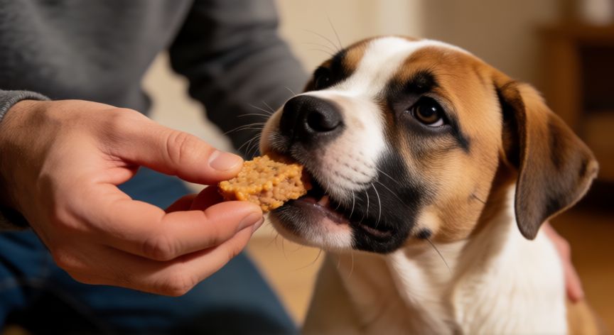 cuidados cachorro pitbull, Entrenador alimentando a un cachorro de pitbull con refuerzo positivo