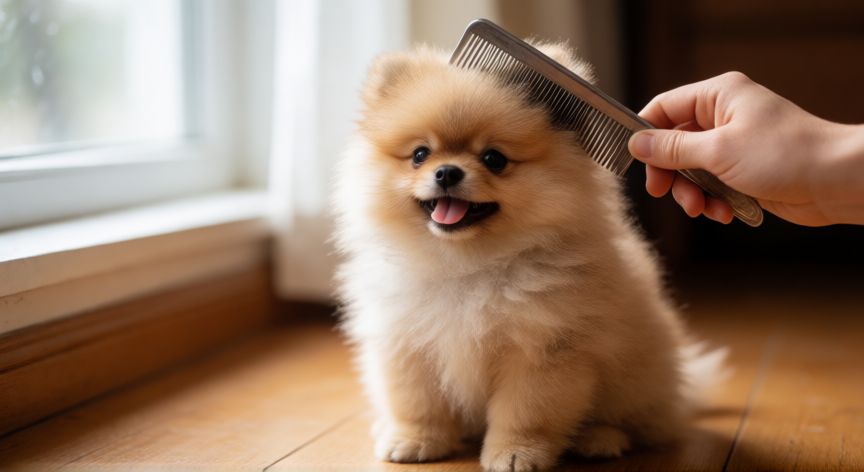 cuidados cachorro pomerania, Cachorro de Pomerania siendo cepillado en casa con luz natural