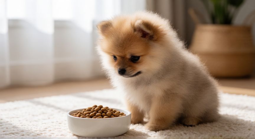 cuidados cachorro pomerania 2 meses, Cachorro Pomerania comiendo su pienso de cachorro pequeño