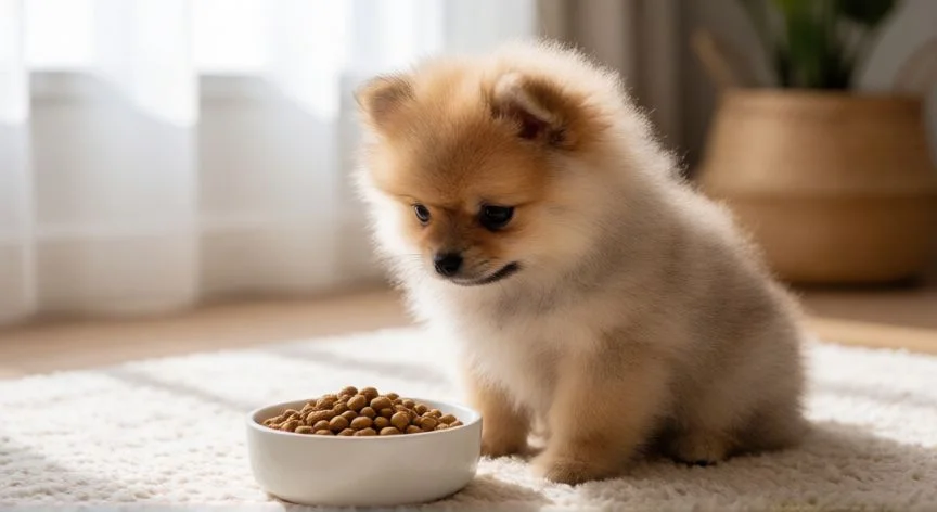 Cachorro Pomerania comiendo su pienso de cachorro pequeño