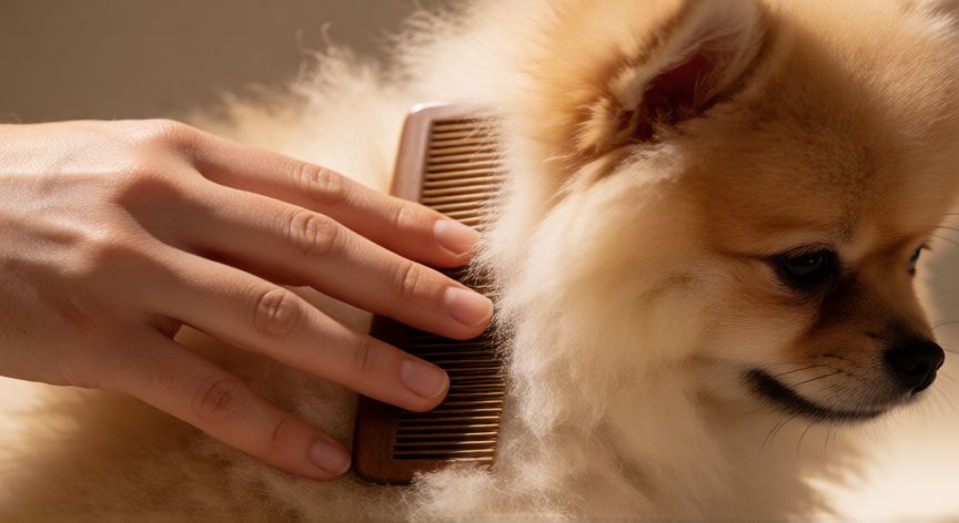 cuidados cachorro pomerania 2 meses, Cepillado suave del pelaje de un cachorro Pomerania