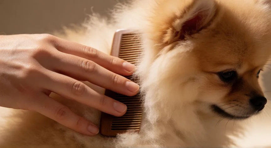 cuidados cachorro pomerania 2 meses, Cepillado suave del pelaje de un cachorro Pomerania