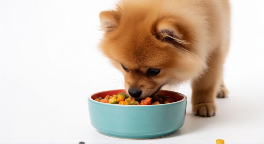 cuidados cachorro pomerania, Cachorro Pomerania comiendo de un plato con aspecto saludable