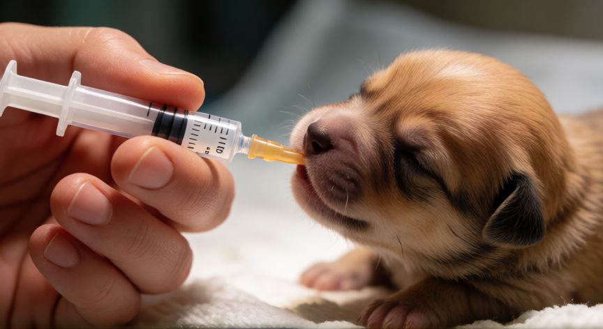 cuidados cachorro recem nascido, Alimentación manual de cachorro recién nacido con jeringa