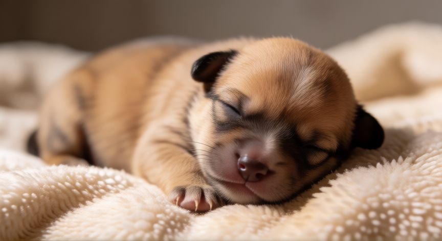 cuidados cachorro recien nacido, Cachorro recién nacido durmiendo en manta cálida
