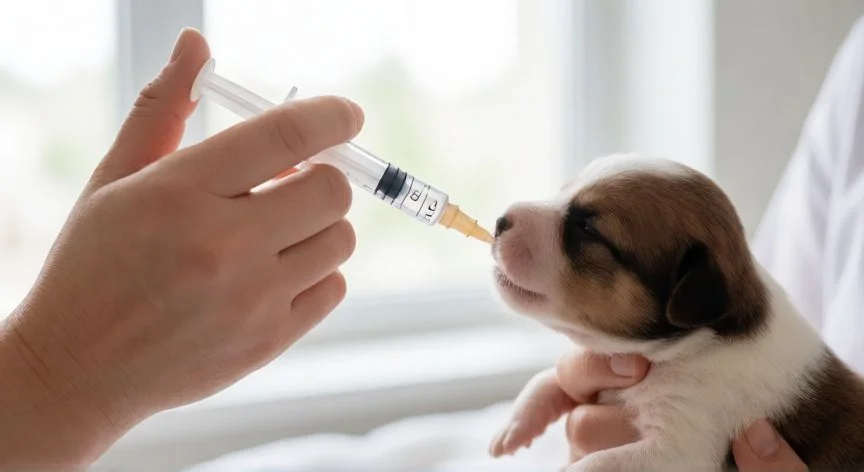 cuidados cachorro recien nacido, Alimentación manual de cachorro con jeringa