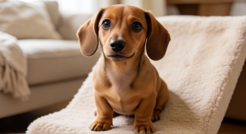 cuidados cachorro salchicha, Cachorro salchicha subiendo por una rampa suave en el interior de una casa