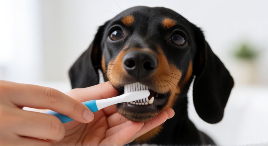 cuidados cachorro salchicha, Dueño cepillando los dientes de un cachorro salchicha con cuidado